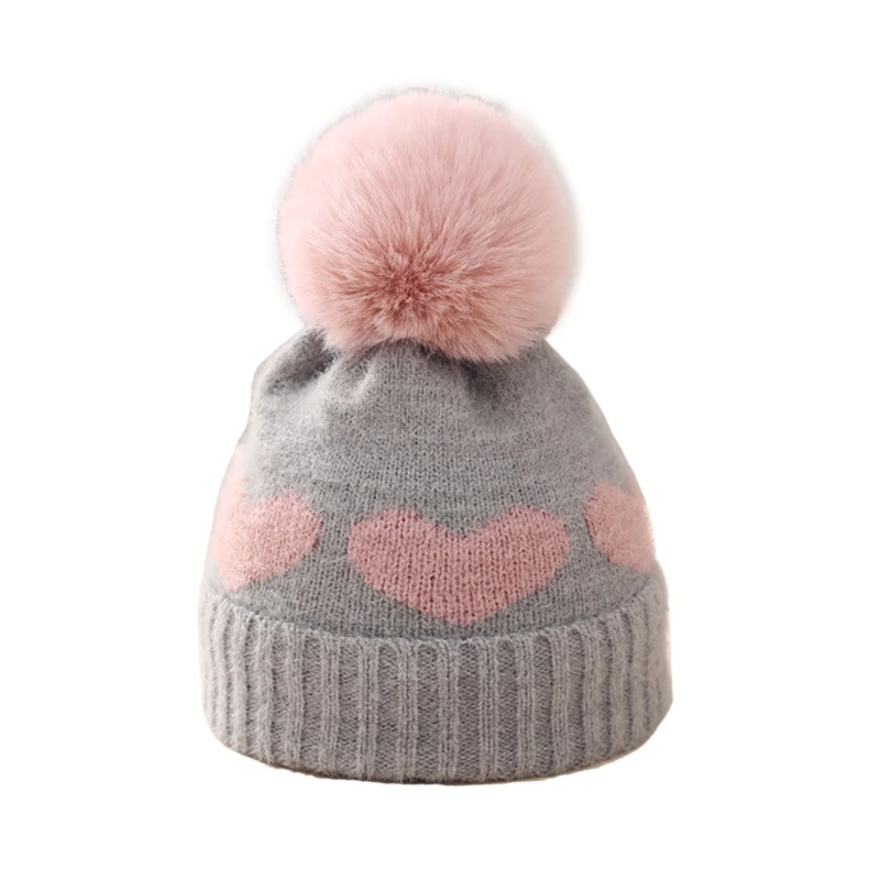 Вязаная крючком шапочка с шариком шерсти, зимняя теплая шапочка для ребенка, шапочка с вышитым сердечком