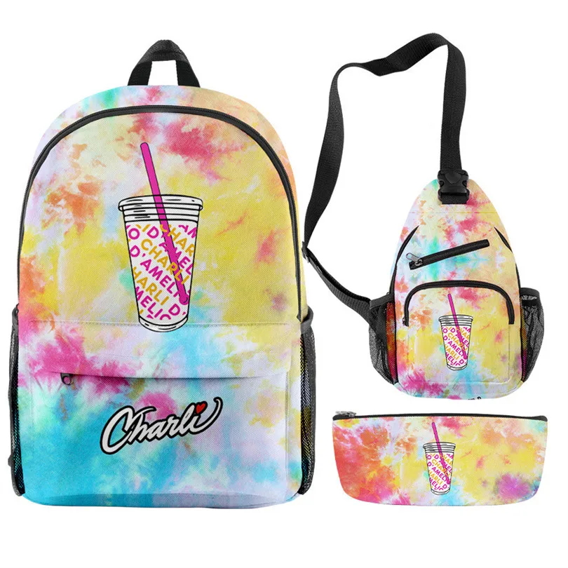 Студенческие школьные сумки Charli D'amelio, 3D рюкзак ярких цветов для мальчиков и девочек, рюкзак с брызгами ледяного кофе, аксессуары для брелоков Kpop
