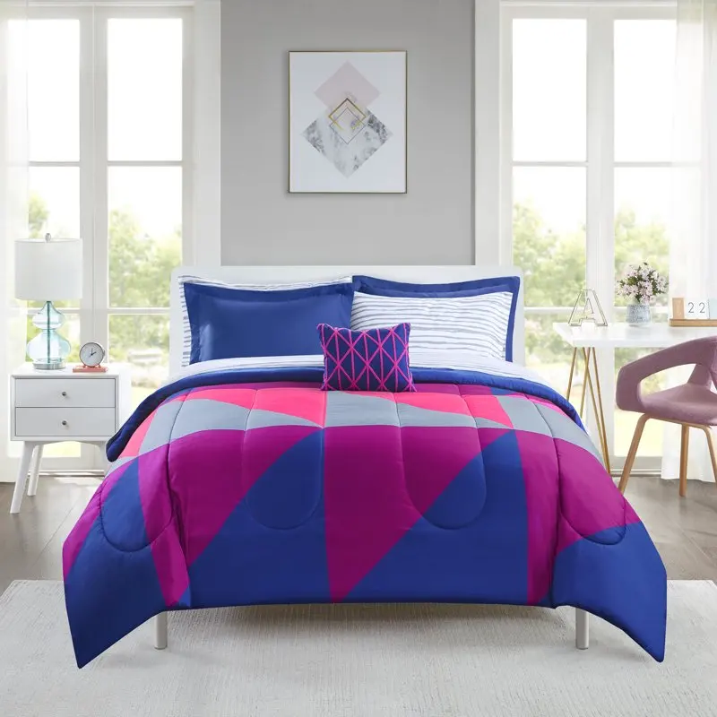Фиолетово-синяя геометрическая кровать из 8 предметов в мешке, комплект одеяла с простынями, King