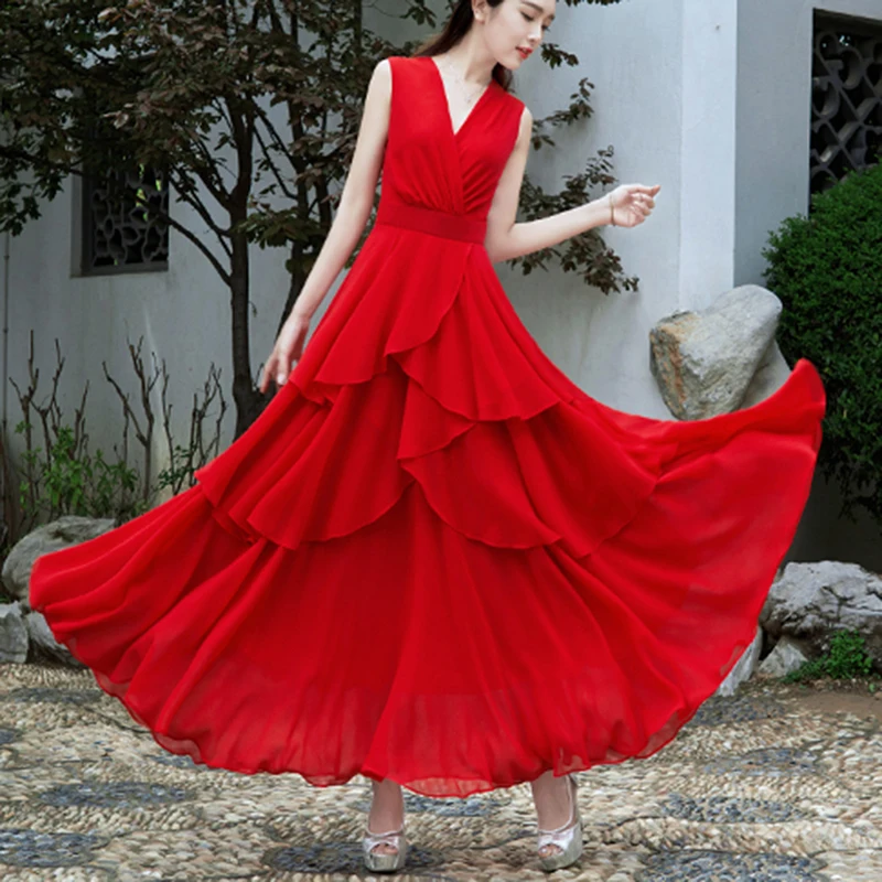 2023 Летнее женское Красное шифоновое элегантное пляжное длинное платье неправильной формы с V-образным вырезом без рукавов на бретелях Пляжное праздничное платье лето
