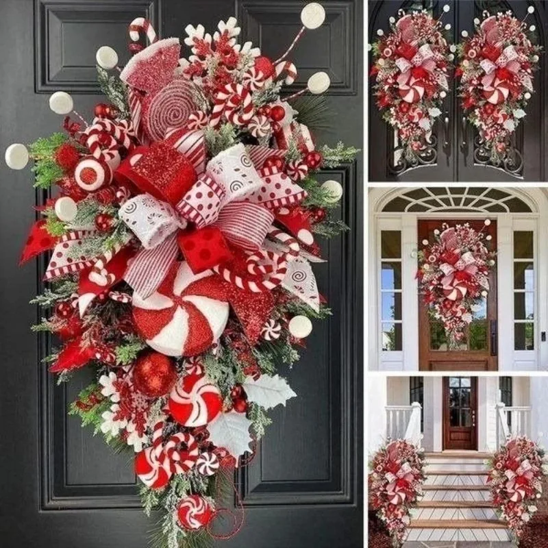 Рождественский венок, гирлянда, бант из леденцовой трости, украшение для Рождественской входной двери, настенный декор для дома