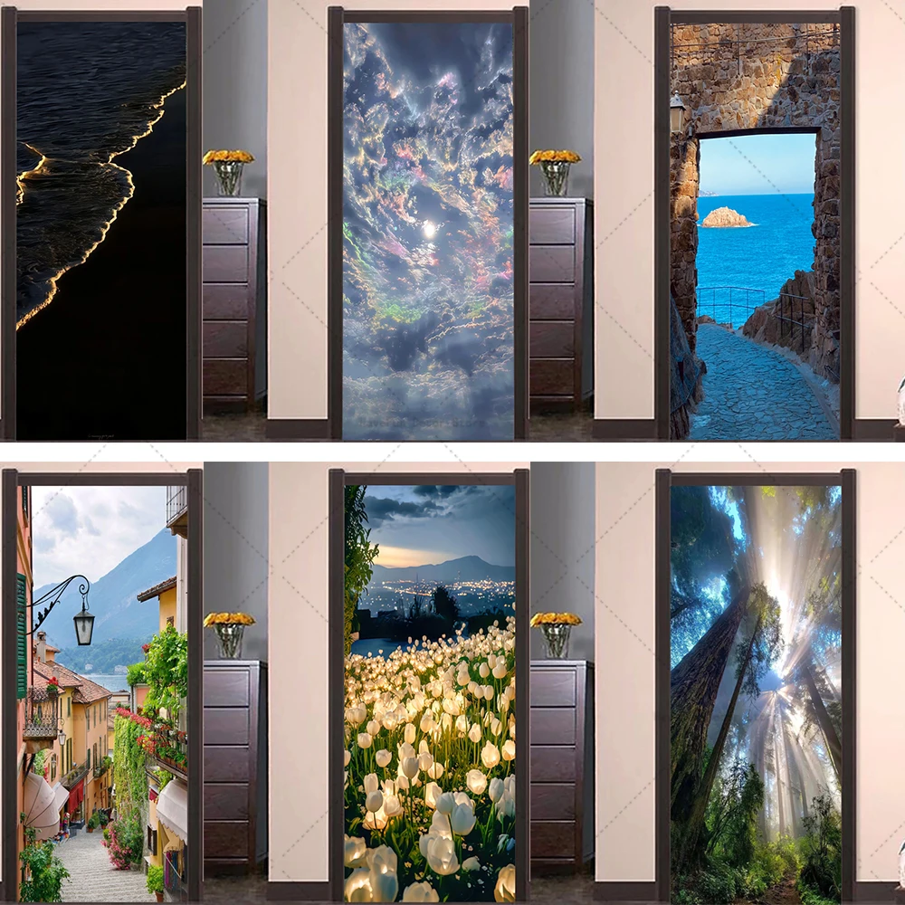 3D Великолепный Пейзаж Дверная Наклейка Морской Винил ПВХ Водонепроницаемый Самоклеящийся Плакат Красочная Городская Фреска Украшение Дома Дверная Наклейка
