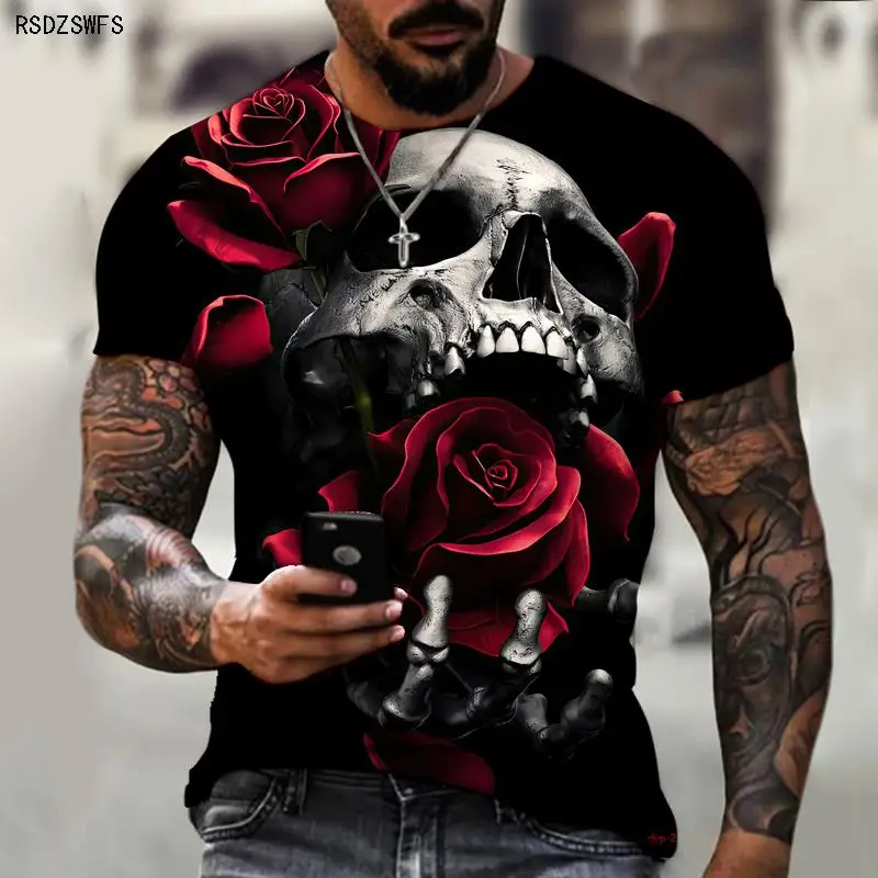 Романтическая футболка с 3D-печатью в виде черепа и розы, мужская и женская футболка с короткими рукавами, летний топ оверсайз с короткими рукавами.