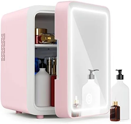 Холодильник для ухода за кожей - Мини-холодильник с регулируемым зеркалом со светодиодной подсветкой (4 литра / 6 банок), охладитель и подогреватель, для хранения косметики, средств по уходу за кожей и