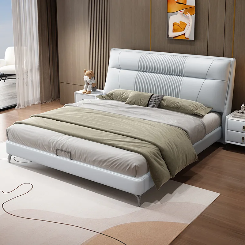 Легкая роскошная современная минималистичная кожаная кровать, двуспальная кровать king size в главной спальне, двуспальная кровать 1,8 м, высококачественная кожаная кровать для хранения вещей