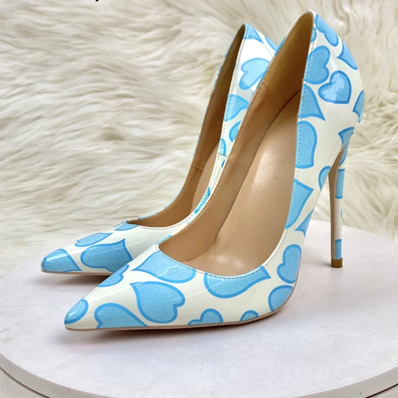 Синие женские туфли с принтом в виде Сердца, белые туфли на высоком каблуке с острым носком, милые модные дизайнерские туфли-лодочки на шпильке, большие размеры 43 44 45