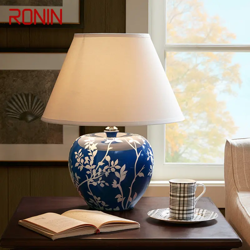 Современная синяя керамическая настольная лампа RONIN, креативный винтажный светодиодный настольный светильник для декоративного дома, гостиной, прикроватной тумбочки в спальне