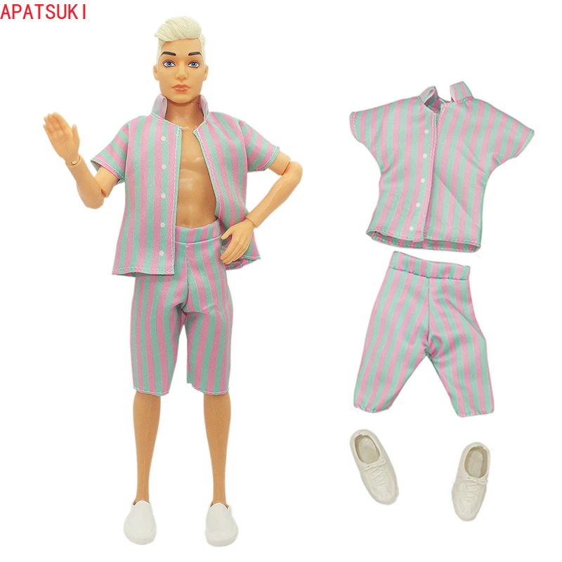 Модная футболка с вертикальными полосками, Шорты, белые туфли для мальчика Кена, кукольные наряды для парня Барби, аксессуары для кукол Кена, детские игрушки