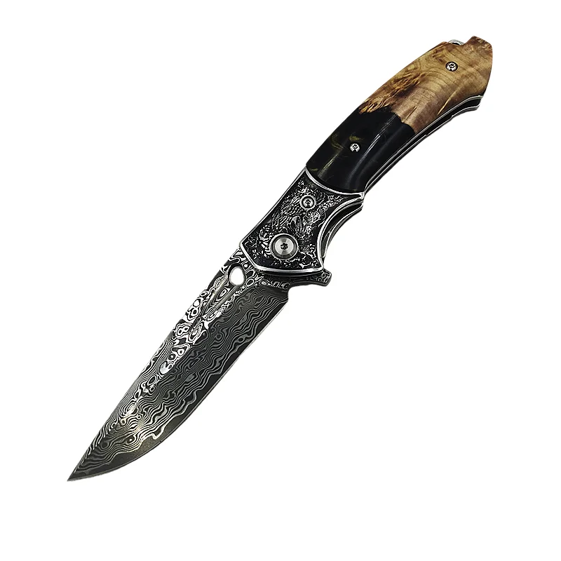 Складной карманный нож из дамасской стали VG 10 Белая тень Деревянная ручка для выживания в дикой природе Кемпинг Рыбалка EDC Инструмент для мужчин