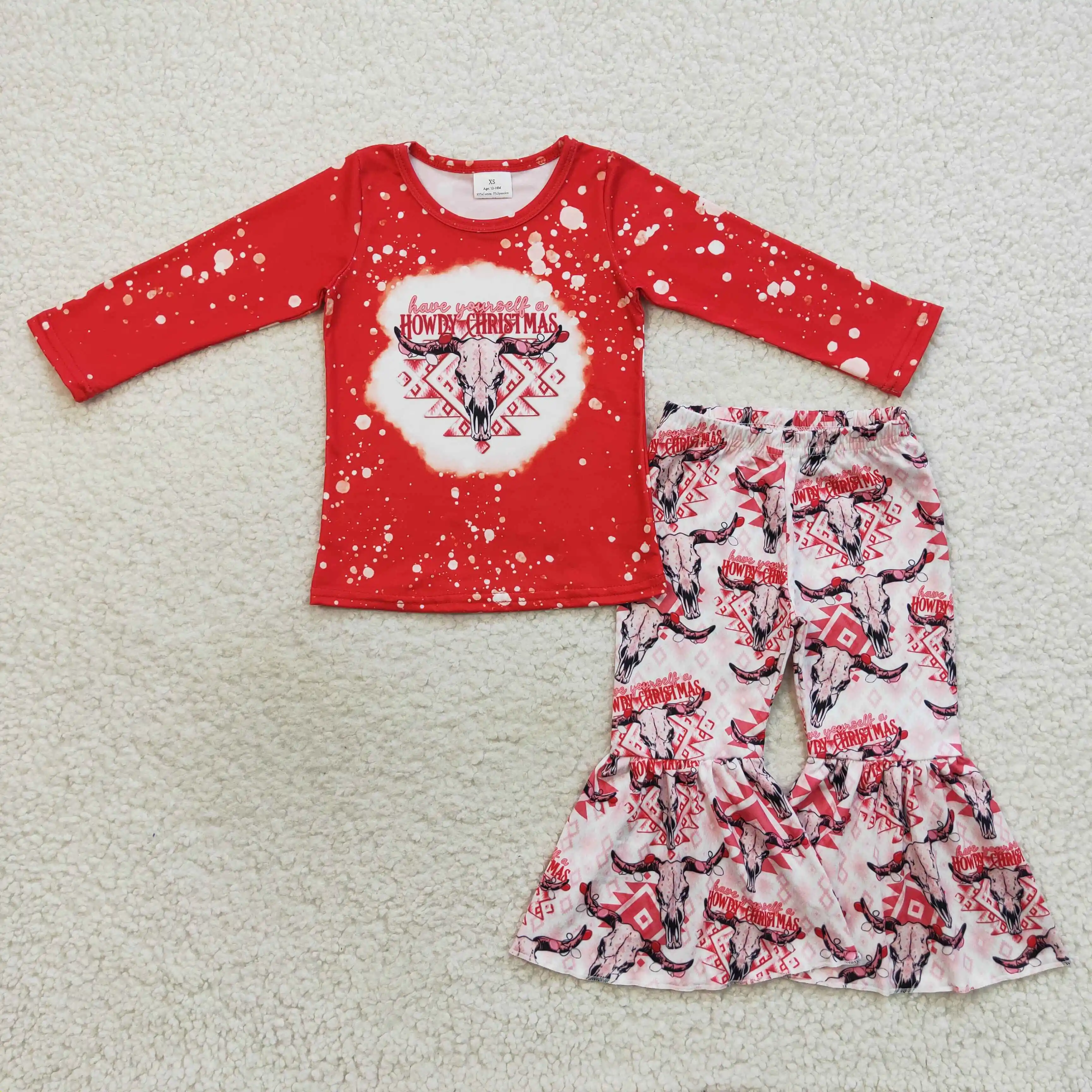 Оптовый комплект для маленьких девочек Howdy Alpine Cow Head, геометрические красные брюки с длинным рукавом, Осенне-зимние наряды, Рождественская одежда для девочек