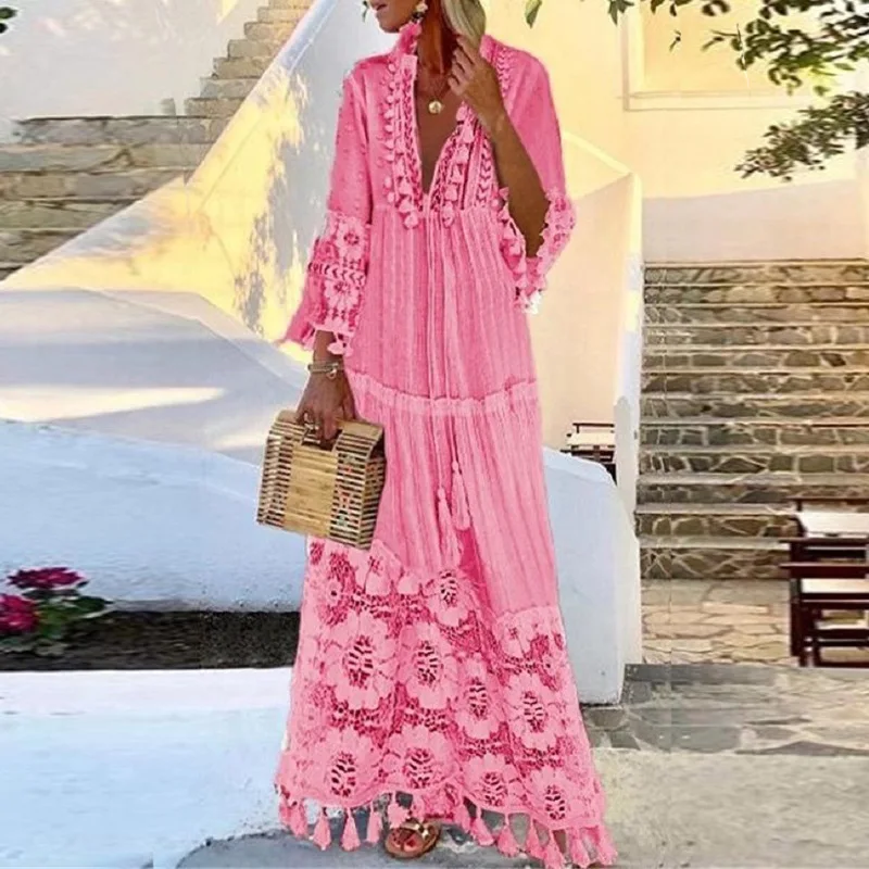 Женское винтажное элегантное богемное кружевное платье с длинными рукавами и V-образным вырезом, Летние повседневные пляжные платья в стиле пэчворк с кисточками, негабаритные пляжные платья