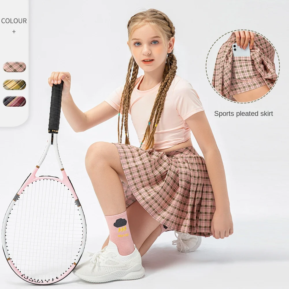 детское спортивное платье Children Tennis Skirt Fake Two-piece Plaid Pleated Girls Sports Dance Training Skirt Pants