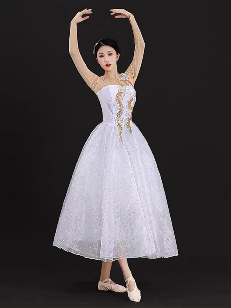 Балетные платья для взрослых, Благородные и элегантные Женские юбки из белой пряжи, открывающие танец, Сопровождающие танец, Платье Pengpeng